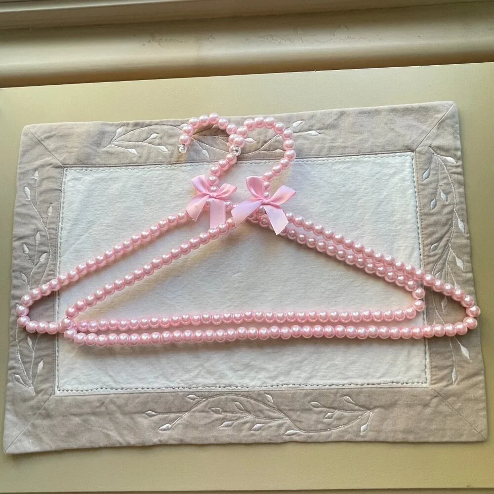 New Set of 2 Pink Pearl Hangers with Satin Bow Ribbon Clothing Glam Girlie